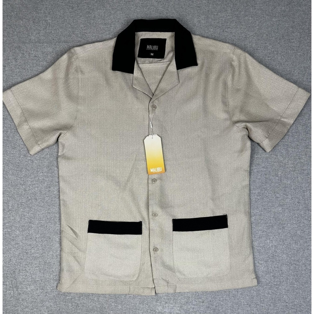 Malibu Shirt Mens Medium Beige Black Camp Collar Button Up Short Sleeve Pockets